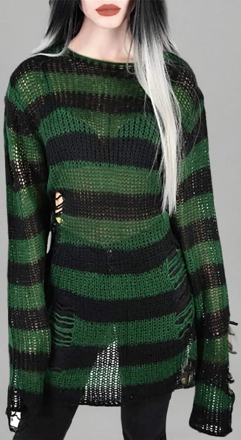 Women's See Through Hole Ripped Striped Long Knit Pullover Dress Sweaters Shirt