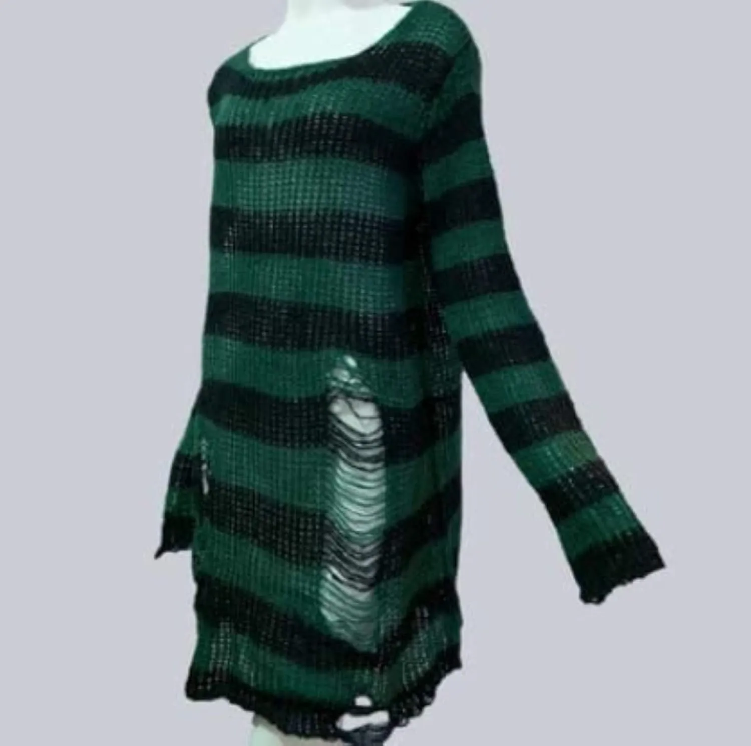 Women's See Through Hole Ripped Striped Long Knit Pullover Dress Sweaters Shirt