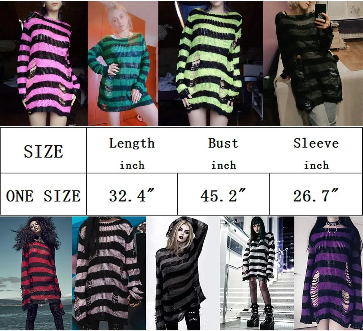 Women's See Through Hole Ripped Striped Long Knit Pullover Dress Sweaters Shirt
