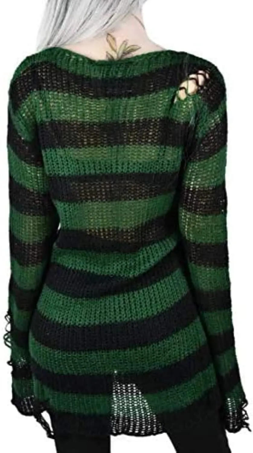 Women's See Through Hole Ripped Striped Long Knit Pullover Dress Sweaters Shirt