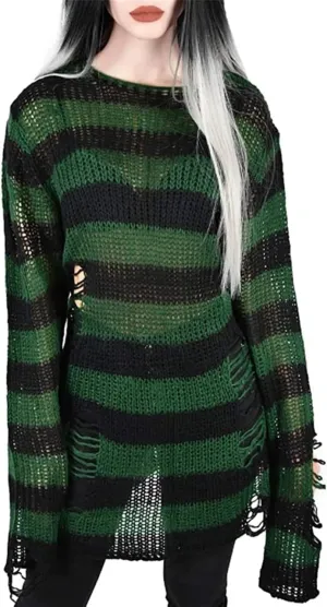 Women's See Through Hole Ripped Striped Long Knit Pullover Dress Sweaters Shirt
