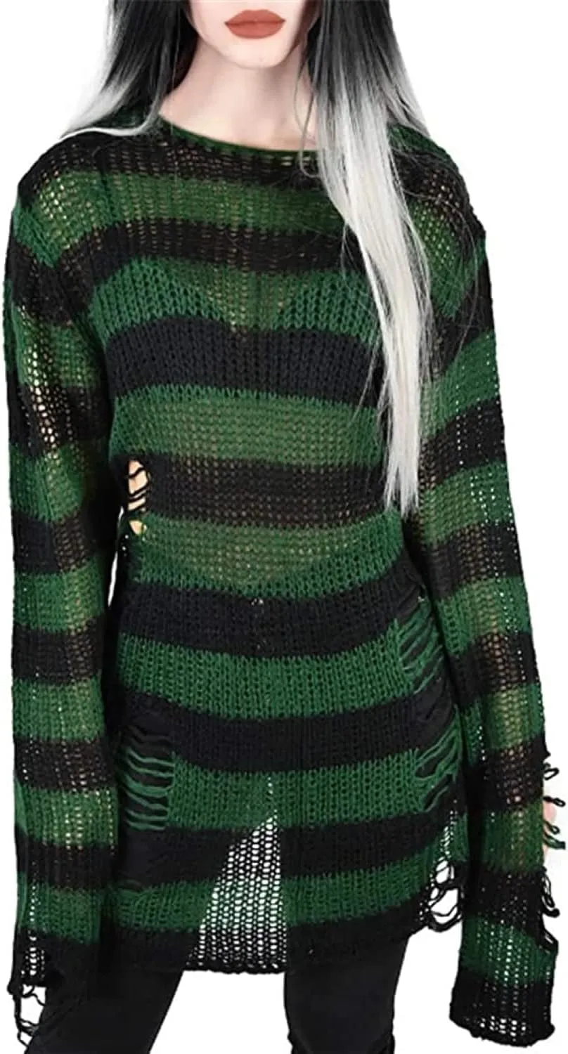 Women's See Through Hole Ripped Striped Long Knit Pullover Dress Sweaters Shirt