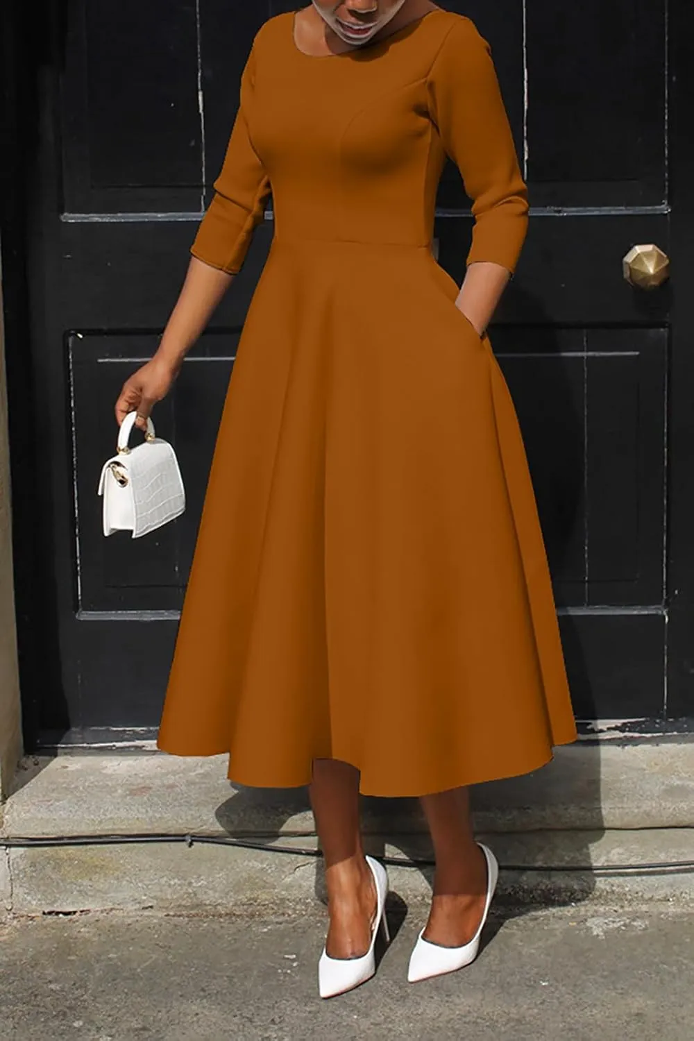 Women's Sexy 3/4 Sleeve A-Line Swing Dress Solid Color Swing Flared Cocktail Party Midi Dress(S-3XL)