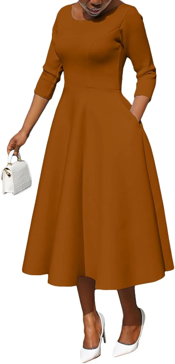 Women's Sexy 3/4 Sleeve A-Line Swing Dress Solid Color Swing Flared Cocktail Party Midi Dress(S-3XL)