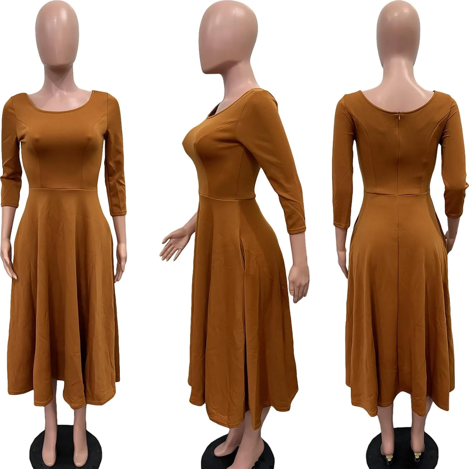 Women's Sexy 3/4 Sleeve A-Line Swing Dress Solid Color Swing Flared Cocktail Party Midi Dress(S-3XL)