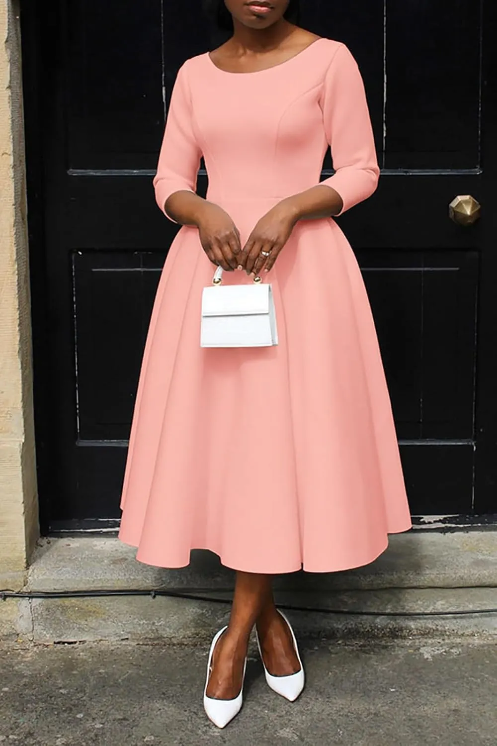 Women's Sexy 3/4 Sleeve A-Line Swing Dress Solid Color Swing Flared Cocktail Party Midi Dress(S-3XL)