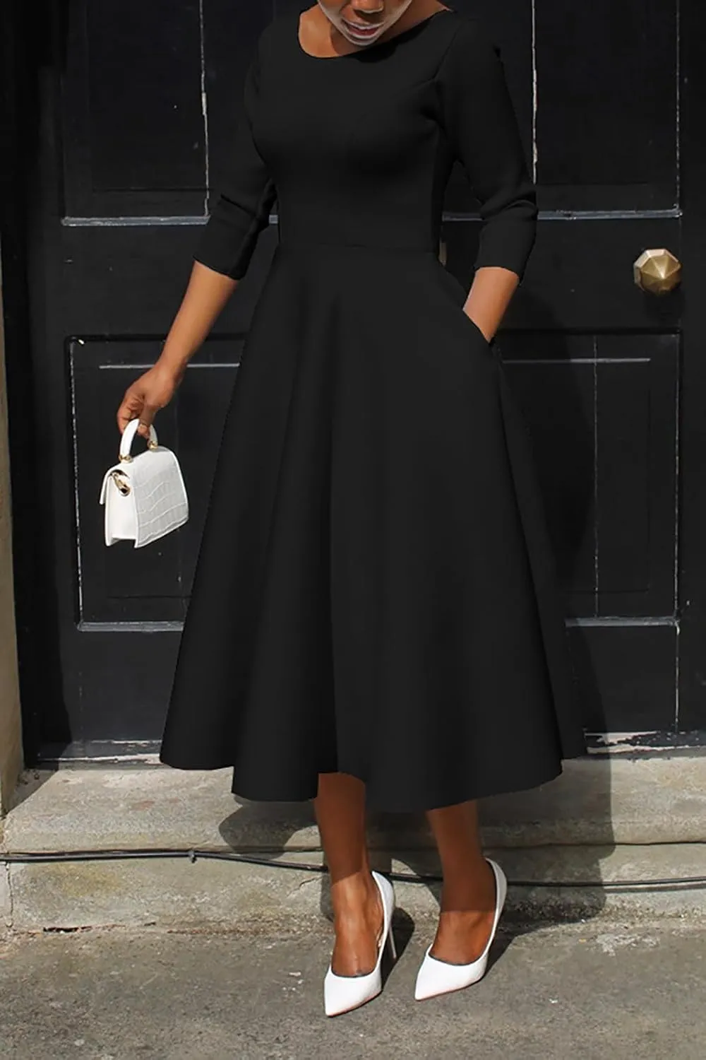 Women's Sexy 3/4 Sleeve A-Line Swing Dress Solid Color Swing Flared Cocktail Party Midi Dress(S-3XL)