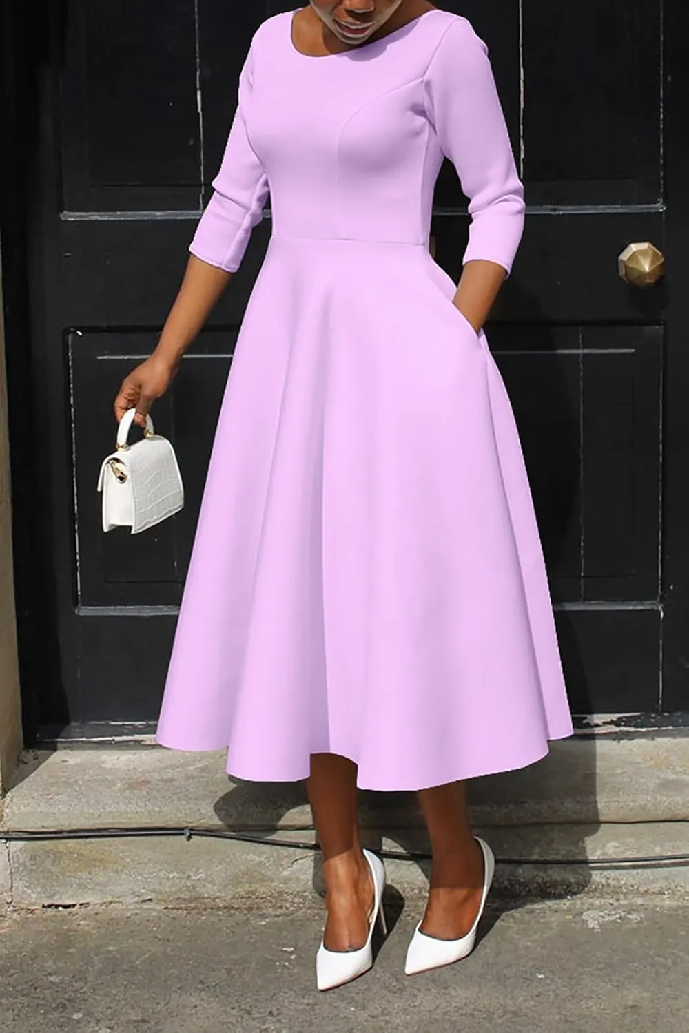 Women's Sexy 3/4 Sleeve A-Line Swing Dress Solid Color Swing Flared Cocktail Party Midi Dress(S-3XL)