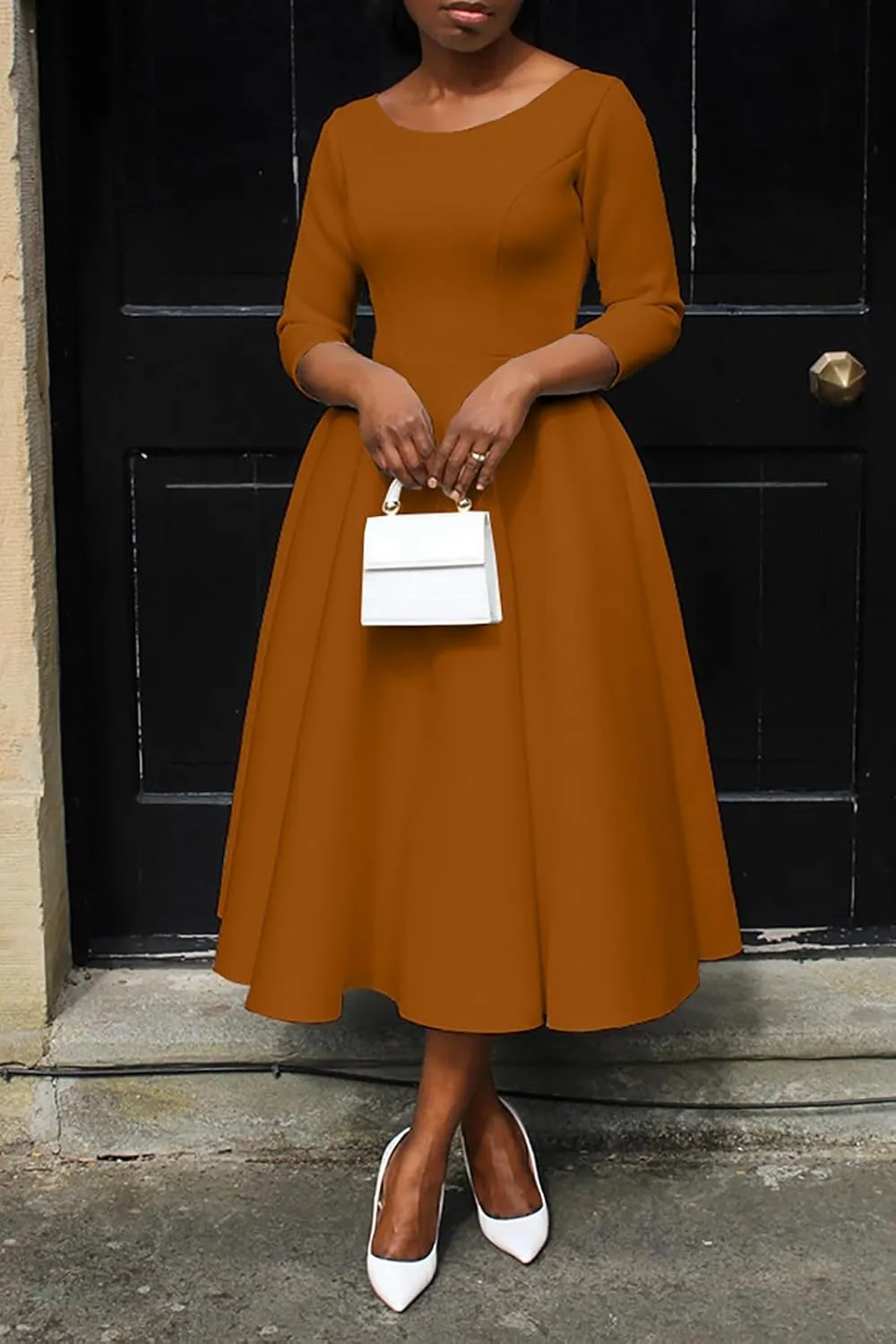 Women's Sexy 3/4 Sleeve A-Line Swing Dress Solid Color Swing Flared Cocktail Party Midi Dress(S-3XL)