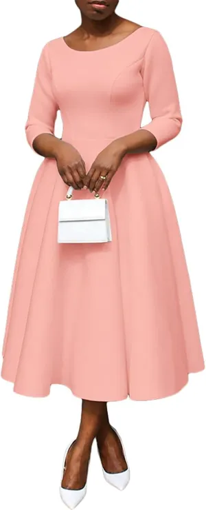 Women's Sexy 3/4 Sleeve A-Line Swing Dress Solid Color Swing Flared Cocktail Party Midi Dress(S-3XL)