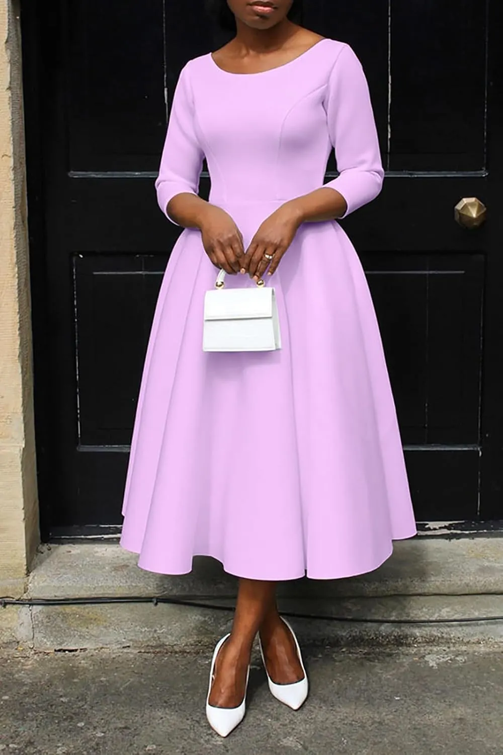 Women's Sexy 3/4 Sleeve A-Line Swing Dress Solid Color Swing Flared Cocktail Party Midi Dress(S-3XL)