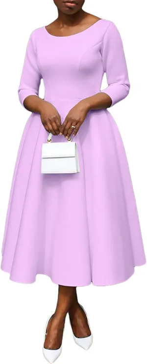 Women's Sexy 3/4 Sleeve A-Line Swing Dress Solid Color Swing Flared Cocktail Party Midi Dress(S-3XL)