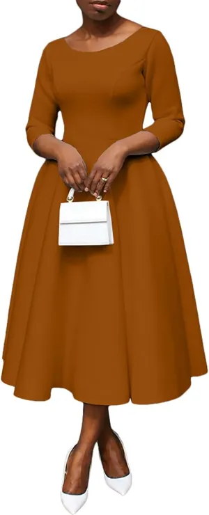 Women's Sexy 3/4 Sleeve A-Line Swing Dress Solid Color Swing Flared Cocktail Party Midi Dress(S-3XL)