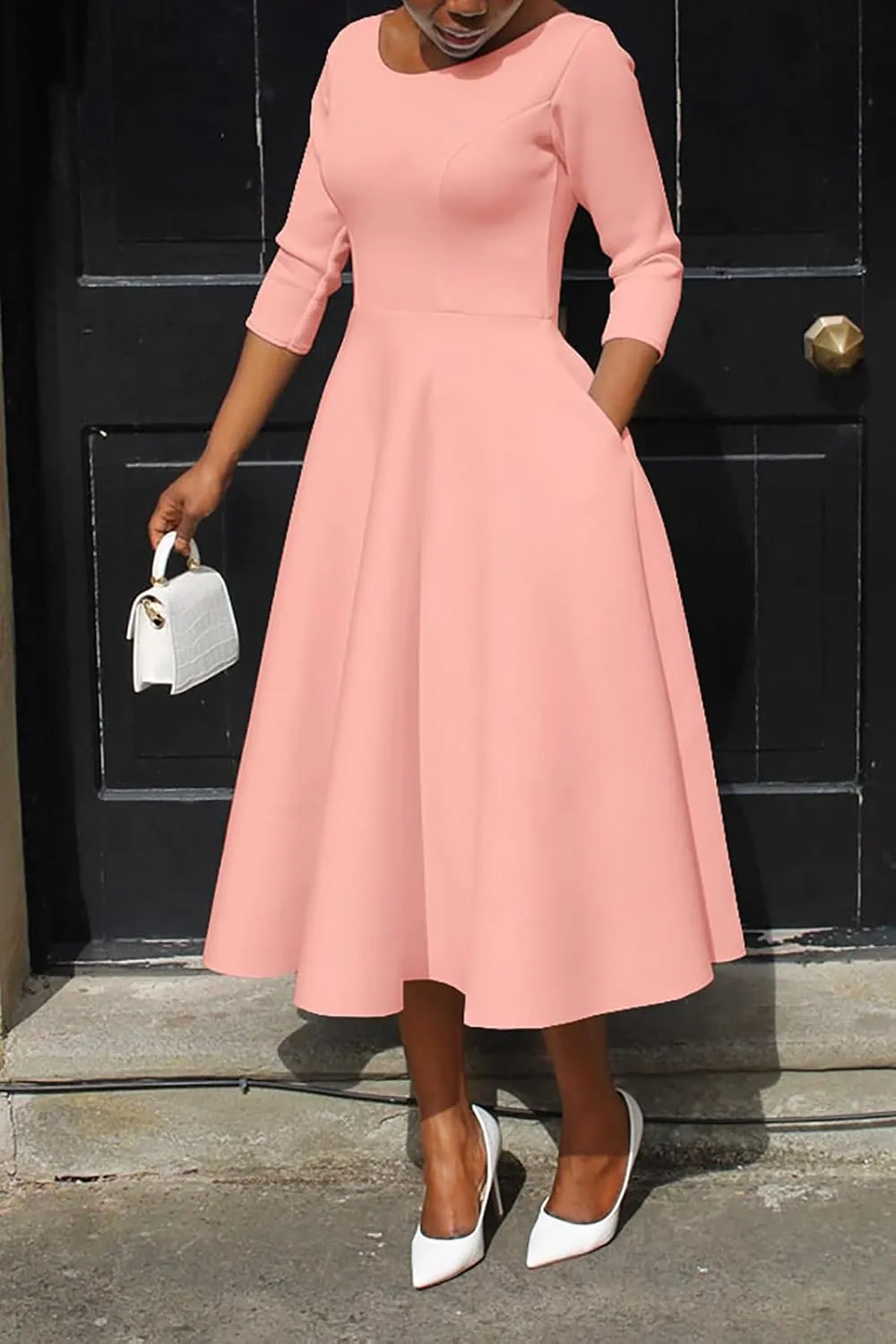 Women's Sexy 3/4 Sleeve A-Line Swing Dress Solid Color Swing Flared Cocktail Party Midi Dress(S-3XL)