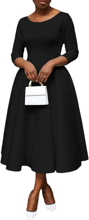 Women's Sexy 3/4 Sleeve A-Line Swing Dress Solid Color Swing Flared Cocktail Party Midi Dress(S-3XL)