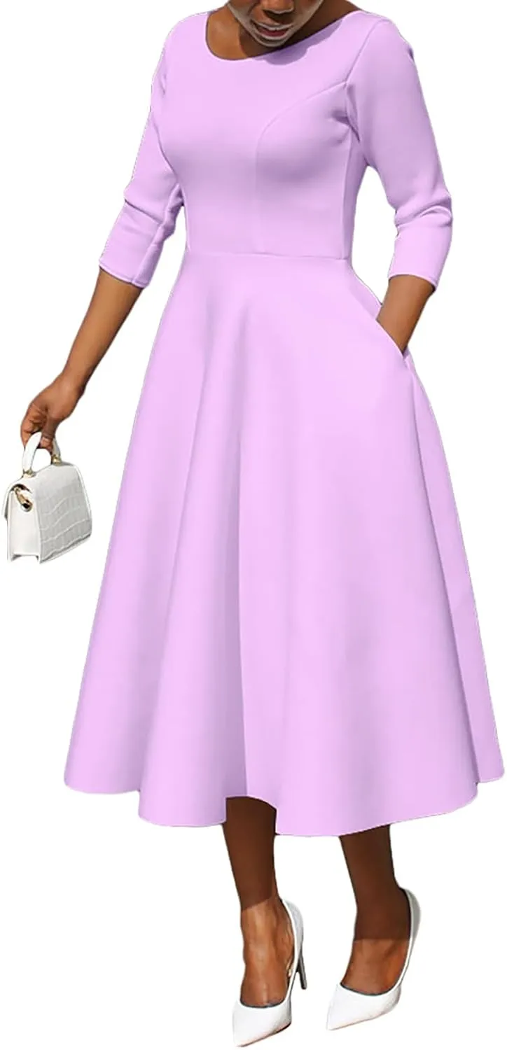 Women's Sexy 3/4 Sleeve A-Line Swing Dress Solid Color Swing Flared Cocktail Party Midi Dress(S-3XL)