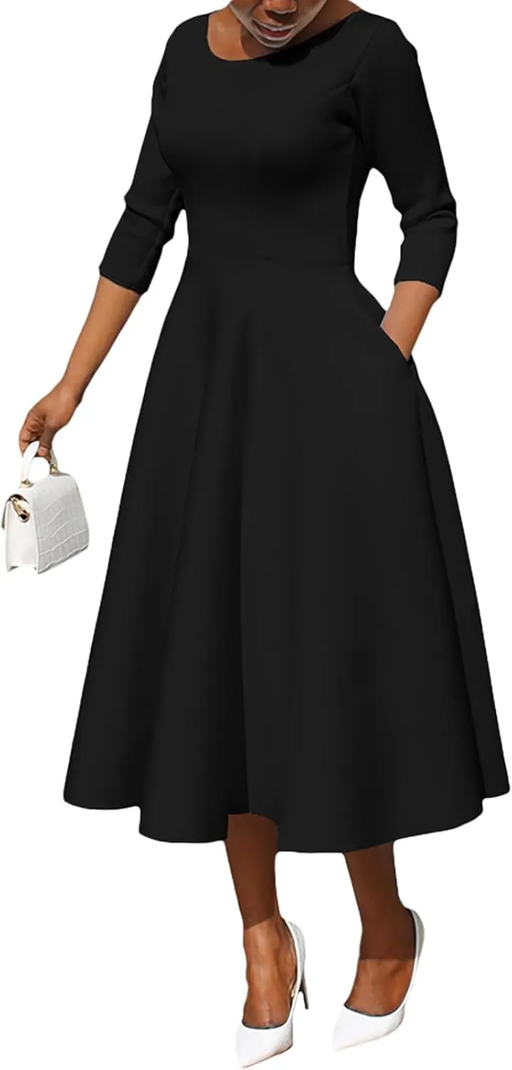 Women's Sexy 3/4 Sleeve A-Line Swing Dress Solid Color Swing Flared Cocktail Party Midi Dress(S-3XL)