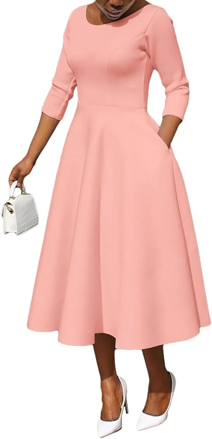 Women's Sexy 3/4 Sleeve A-Line Swing Dress Solid Color Swing Flared Cocktail Party Midi Dress(S-3XL)