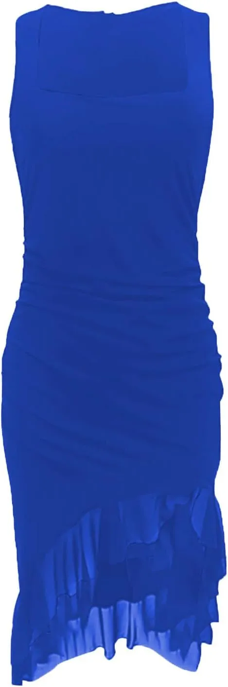 Women's Sexy Ruched Bodycon Midi Dresses Sleeveless Square Neck Ruffle Hem Cocktail Party Tank Dress Clubwear Gowns