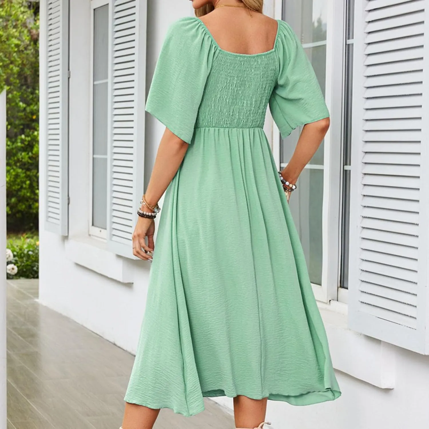 Womens Short Sleeve Sexy V Neck Tie Front Dress Boho A-Line Flowy Midi Sun Dresses Summer Fashion Smocked Dress