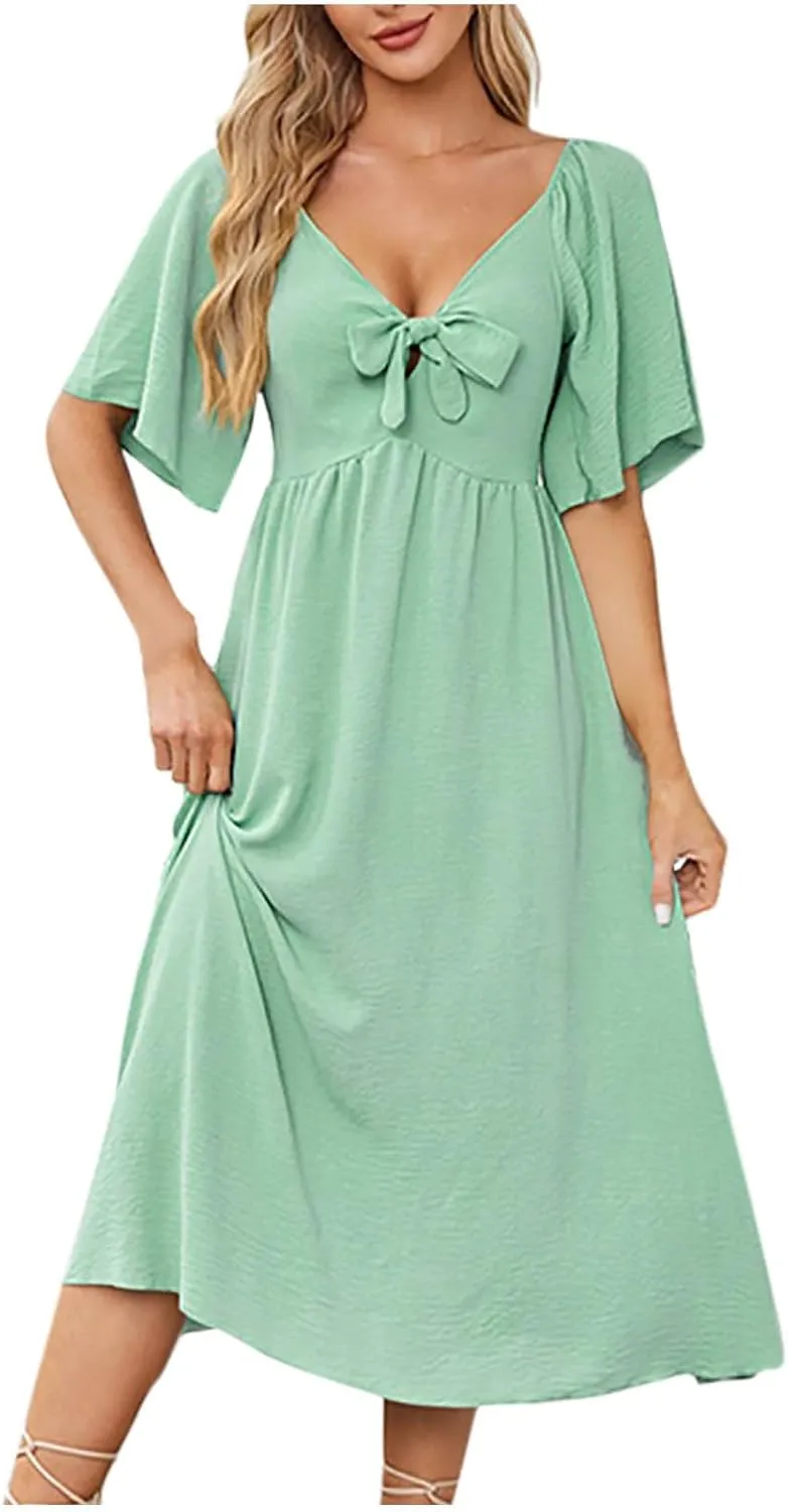 Womens Short Sleeve Sexy V Neck Tie Front Dress Boho A-Line Flowy Midi Sun Dresses Summer Fashion Smocked Dress