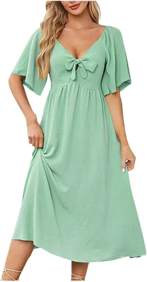 Womens Short Sleeve Sexy V Neck Tie Front Dress Boho A-Line Flowy Midi Sun Dresses Summer Fashion Smocked Dress