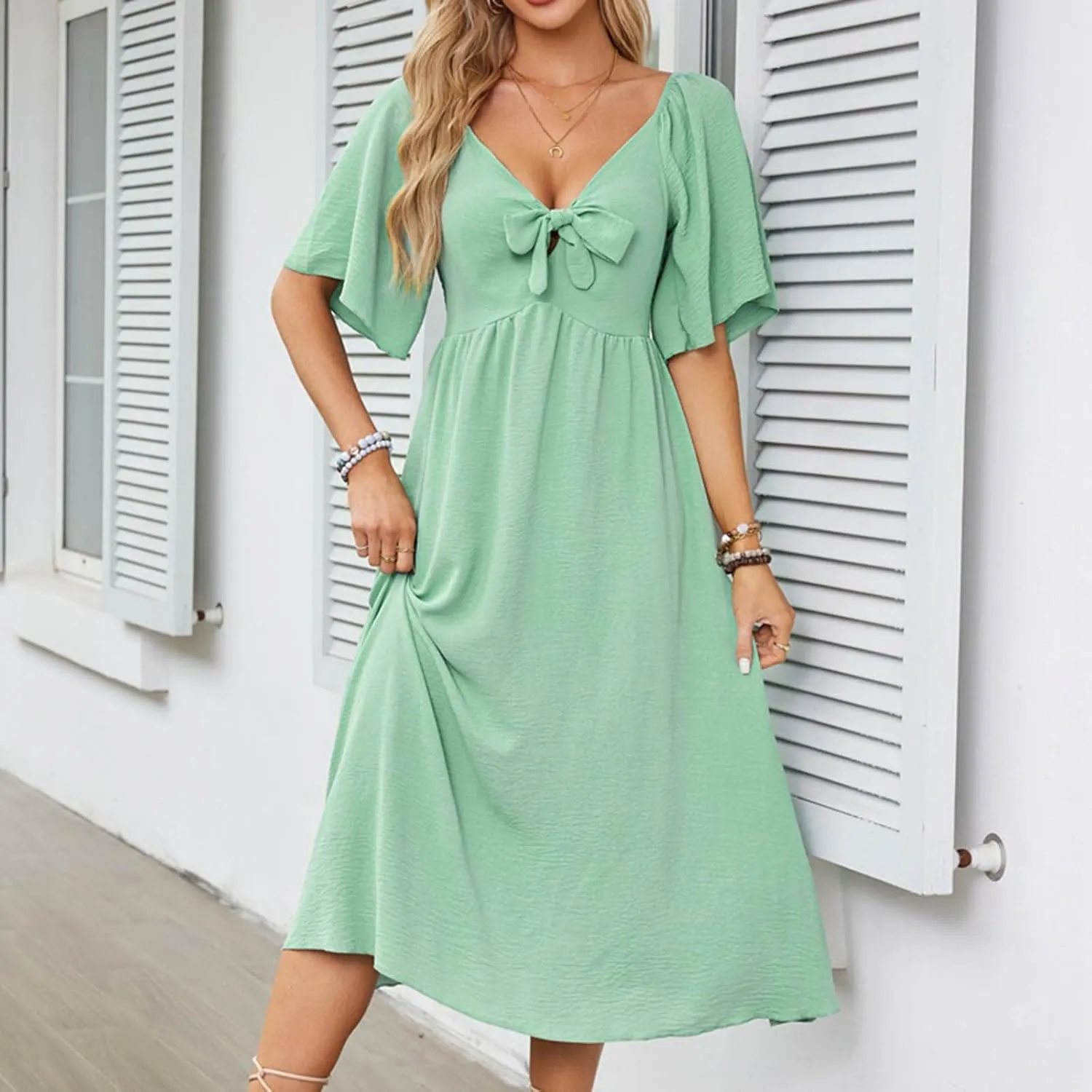 Womens Short Sleeve Sexy V Neck Tie Front Dress Boho A-Line Flowy Midi Sun Dresses Summer Fashion Smocked Dress