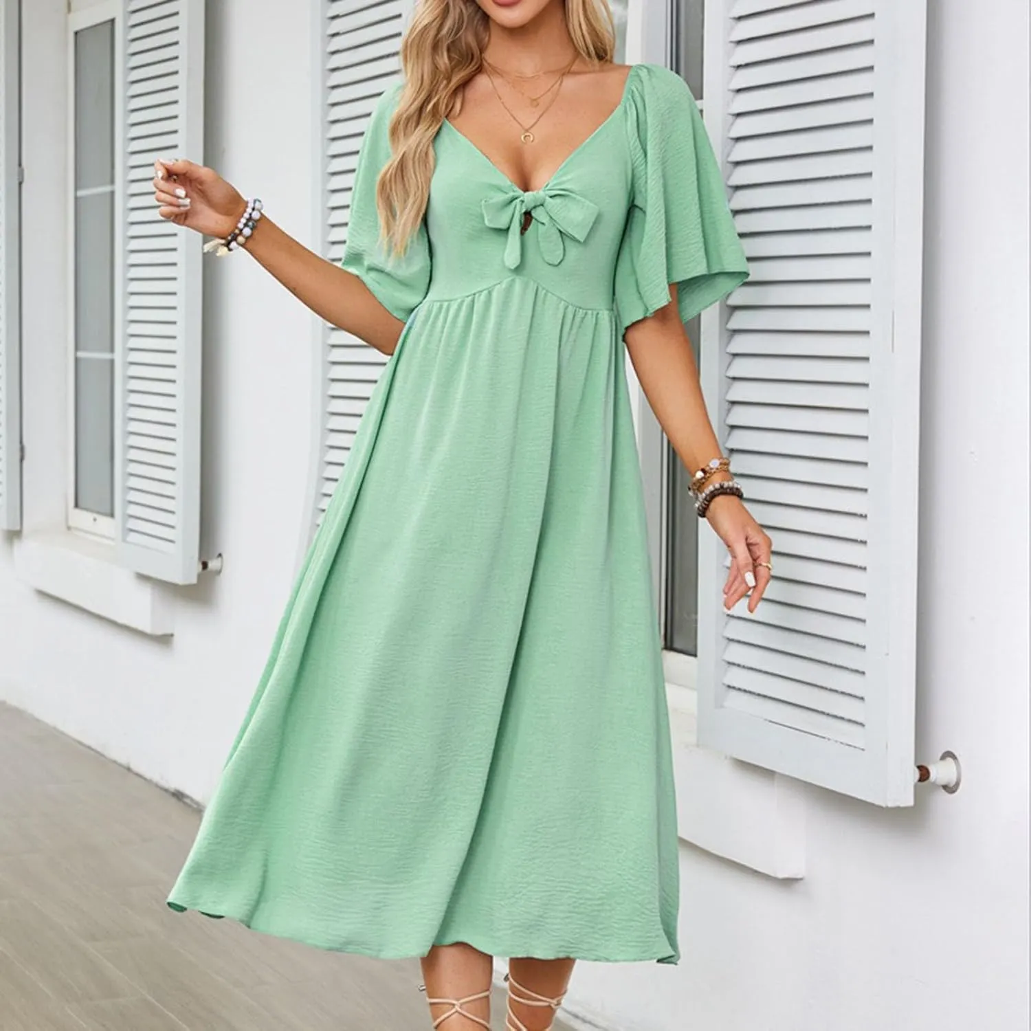 Womens Short Sleeve Sexy V Neck Tie Front Dress Boho A-Line Flowy Midi Sun Dresses Summer Fashion Smocked Dress