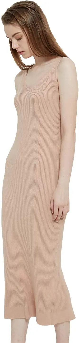 Women's Sleeveless Sweater Dress Knit Slim V Neck Bodycon Midi Stretchable Elasticity Slim Fits