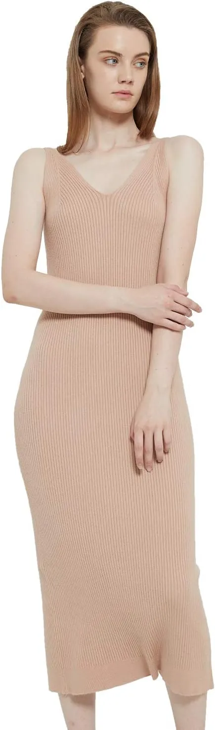 Women's Sleeveless Sweater Dress Knit Slim V Neck Bodycon Midi Stretchable Elasticity Slim Fits