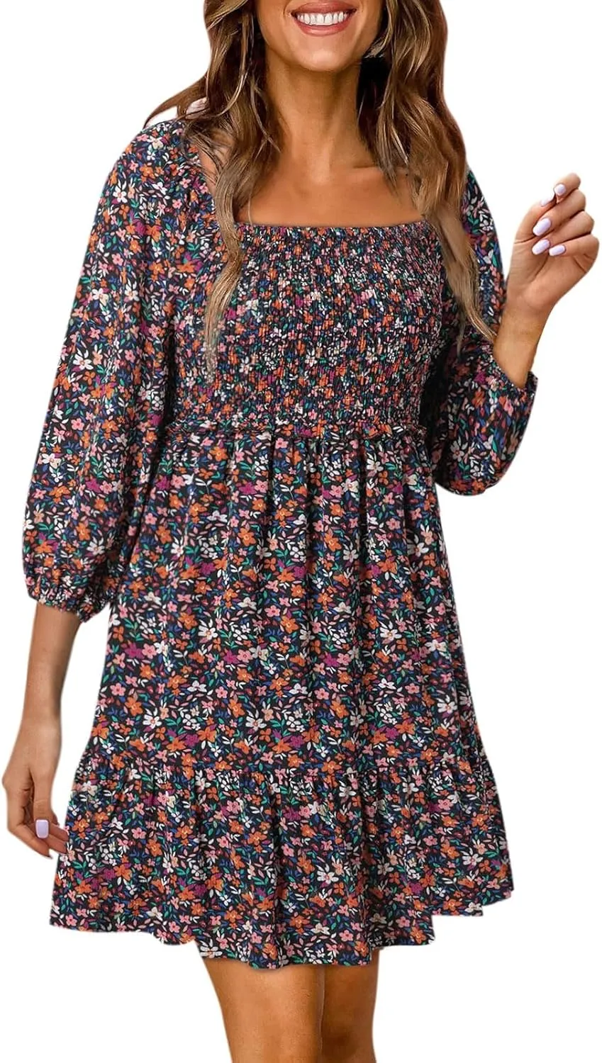 Womens Spring Summer Dresses Boho Floral Square Neck Smocked 3/4 Sleeve Casual A-Line Swing Mini Dress