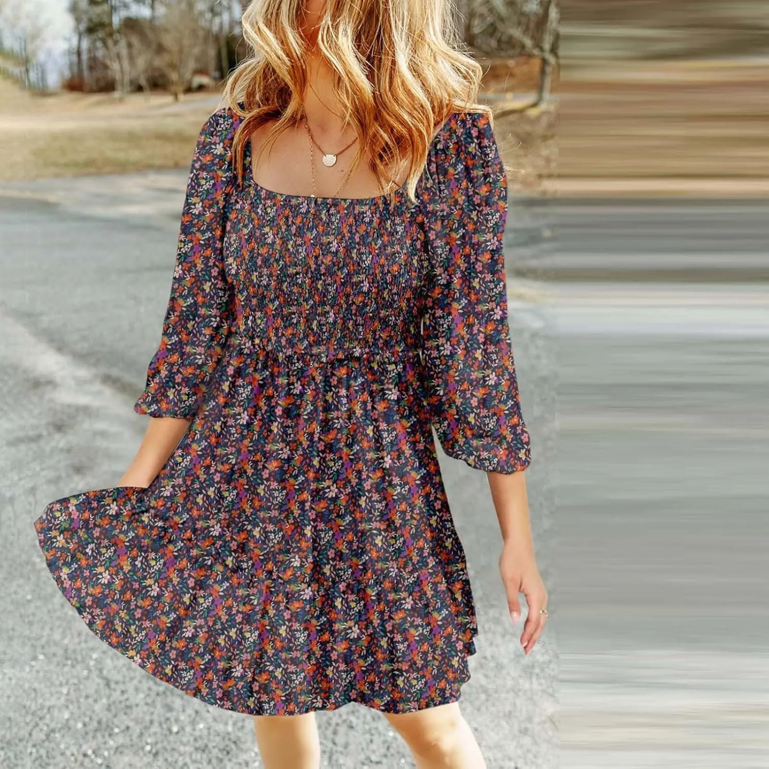 Womens Spring Summer Dresses Boho Floral Square Neck Smocked 3/4 Sleeve Casual A-Line Swing Mini Dress