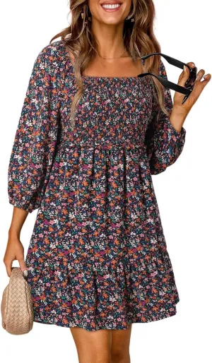 Womens Spring Summer Dresses Boho Floral Square Neck Smocked 3/4 Sleeve Casual A-Line Swing Mini Dress