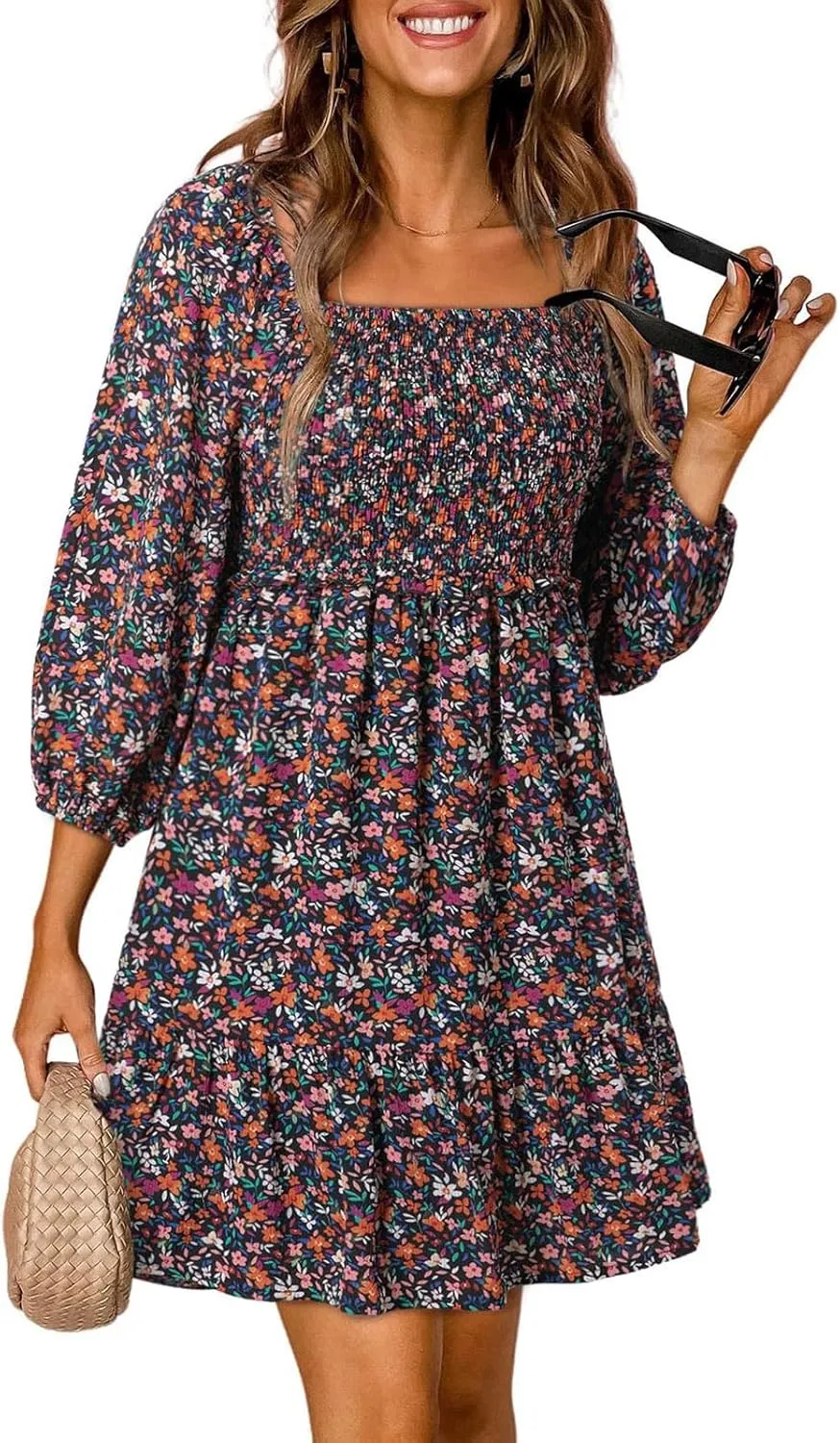 Womens Spring Summer Dresses Boho Floral Square Neck Smocked 3/4 Sleeve Casual A-Line Swing Mini Dress