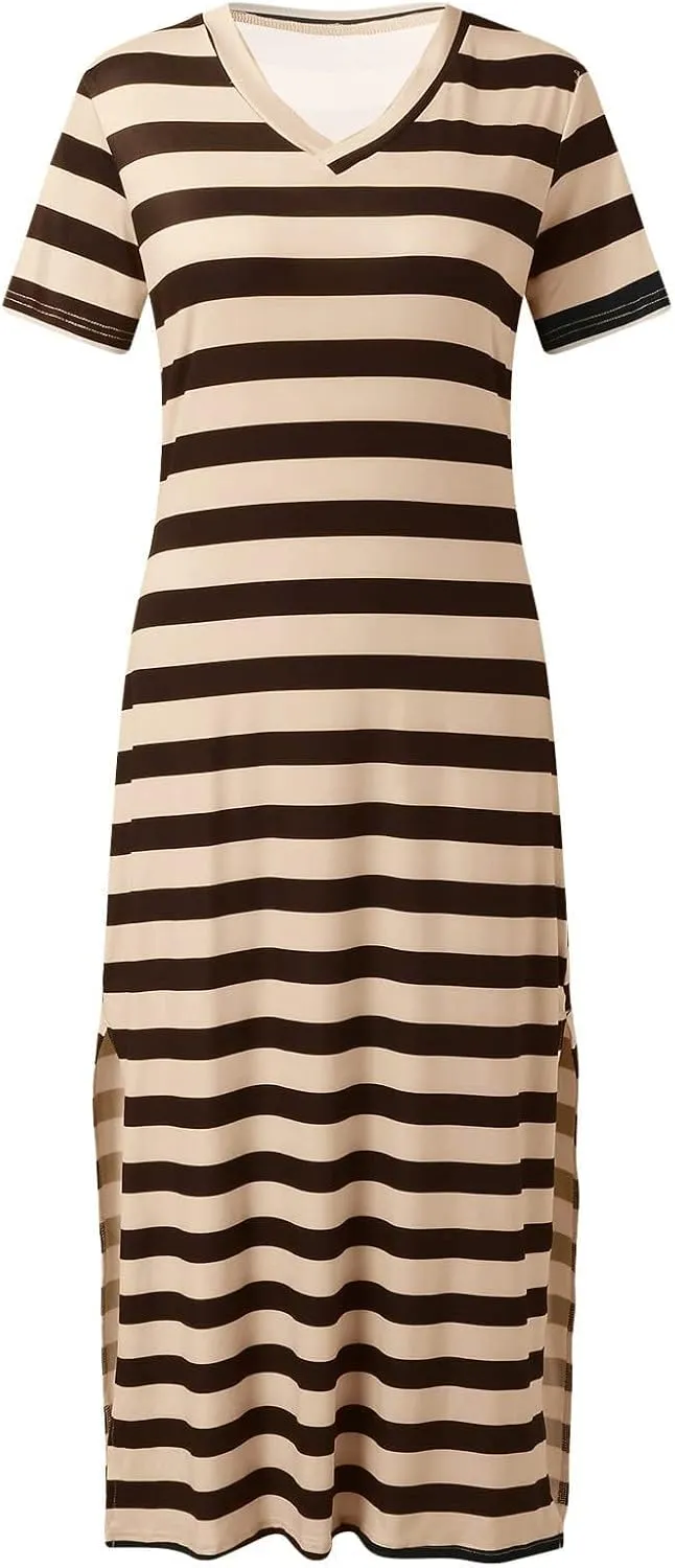 Women's Striped Short Sleeve Tshirt Dress Side Split Casual Midi Dresses Plus Size V Neck Loose Tunic Dress