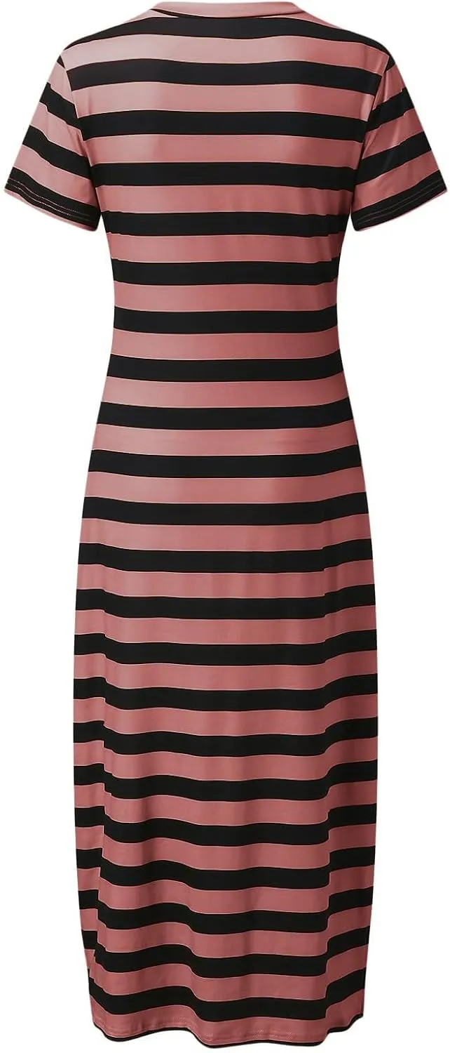 Women's Striped Short Sleeve Tshirt Dress Side Split Casual Midi Dresses Plus Size V Neck Loose Tunic Dress