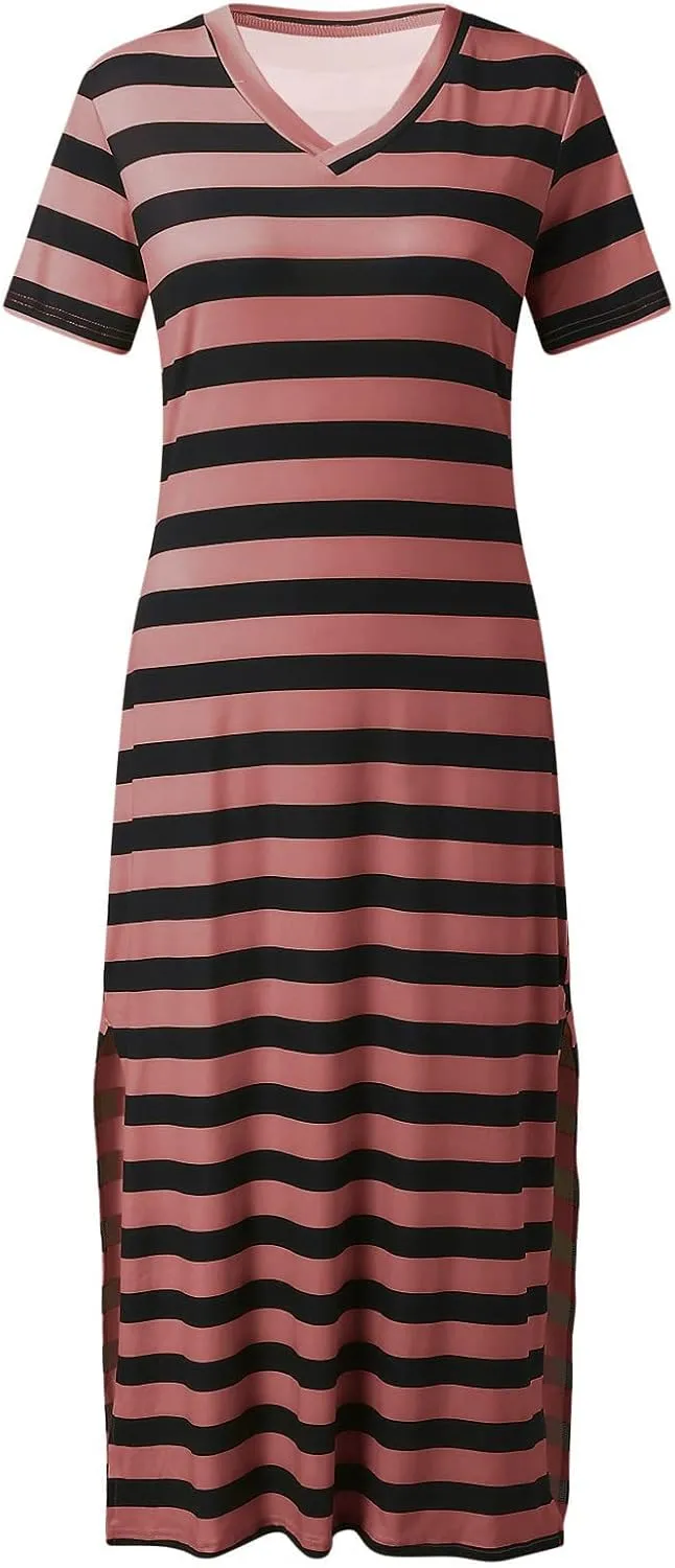 Women's Striped Short Sleeve Tshirt Dress Side Split Casual Midi Dresses Plus Size V Neck Loose Tunic Dress