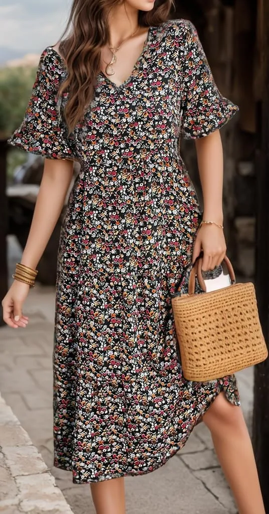 Women's Summer Boho Floral Print V-Neck Ruffled Short Sleeve Dress Casual High Waist A-line Loose Flowy Beach Sundress