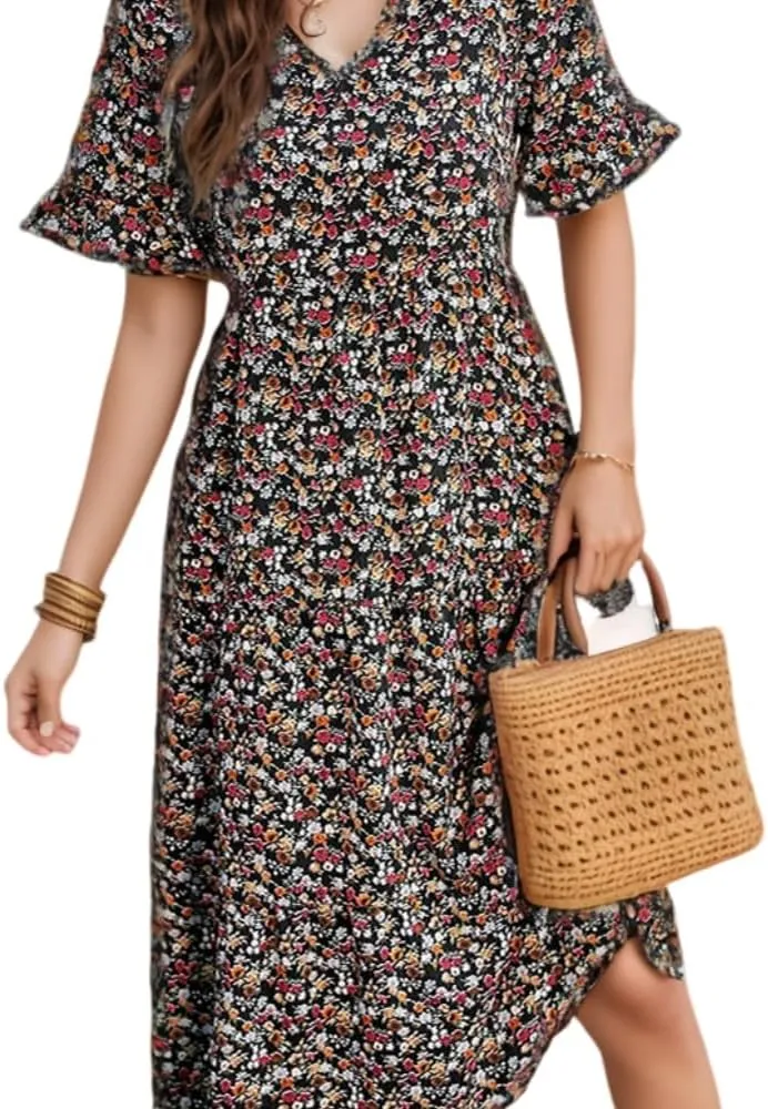 Women's Summer Boho Floral Print V-Neck Ruffled Short Sleeve Dress Casual High Waist A-line Loose Flowy Beach Sundress