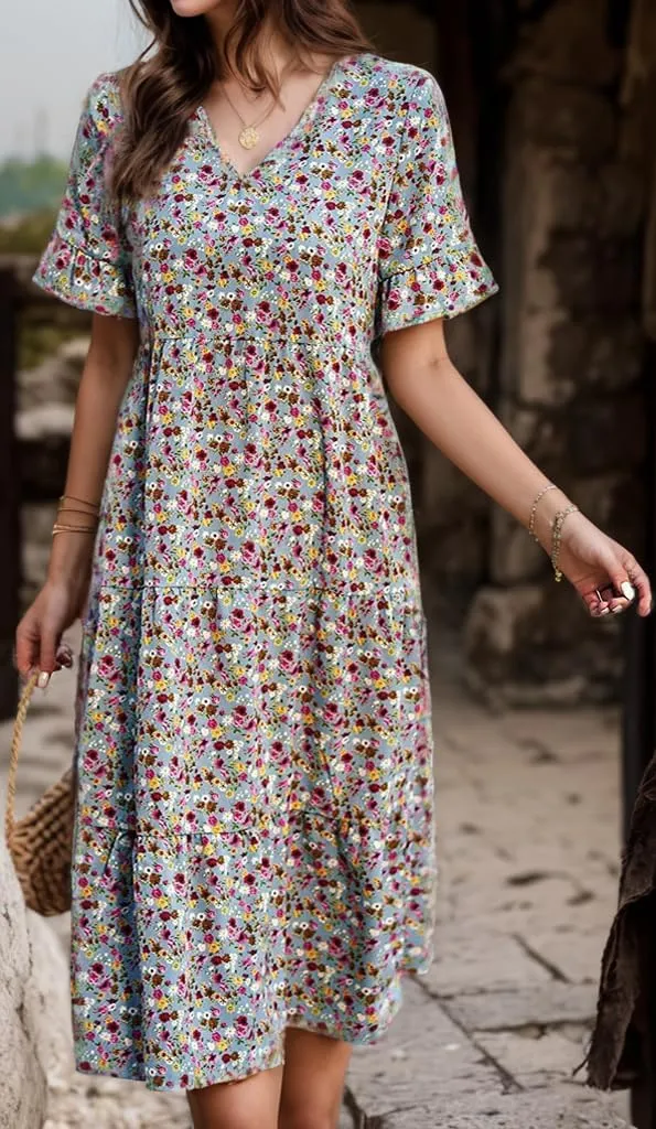 Women's Summer Boho Floral Print V-Neck Ruffled Short Sleeve Dress Casual High Waist A-line Loose Flowy Beach Sundress