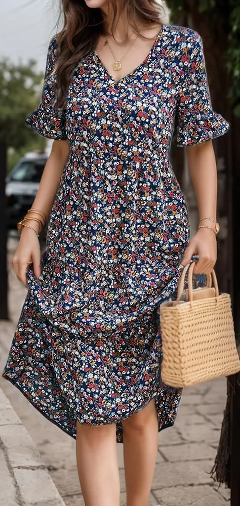 Women's Summer Boho Floral Print V-Neck Ruffled Short Sleeve Dress Casual High Waist A-line Loose Flowy Beach Sundress