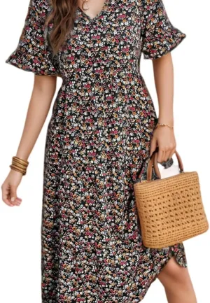 Women's Summer Boho Floral Print V-Neck Ruffled Short Sleeve Dress Casual High Waist A-line Loose Flowy Beach Sundress