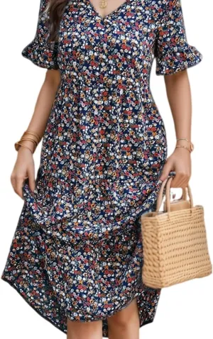 Women's Summer Boho Floral Print V-Neck Ruffled Short Sleeve Dress Casual High Waist A-line Loose Flowy Beach Sundress