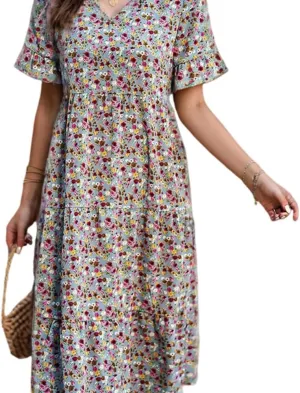 Women's Summer Boho Floral Print V-Neck Ruffled Short Sleeve Dress Casual High Waist A-line Loose Flowy Beach Sundress
