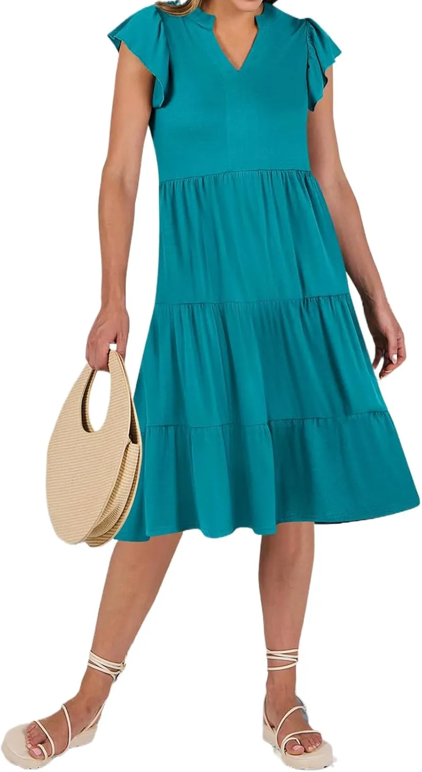 Womens Summer Casual Maxi Dress Ruffle Sleeve V Neck Midi Dresses Flowy Tiered A-Line Boho Beach Vacation Sundress