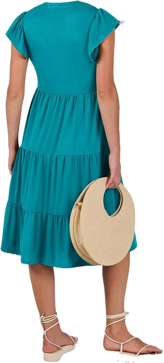 Womens Summer Casual Maxi Dress Ruffle Sleeve V Neck Midi Dresses Flowy Tiered A-Line Boho Beach Vacation Sundress