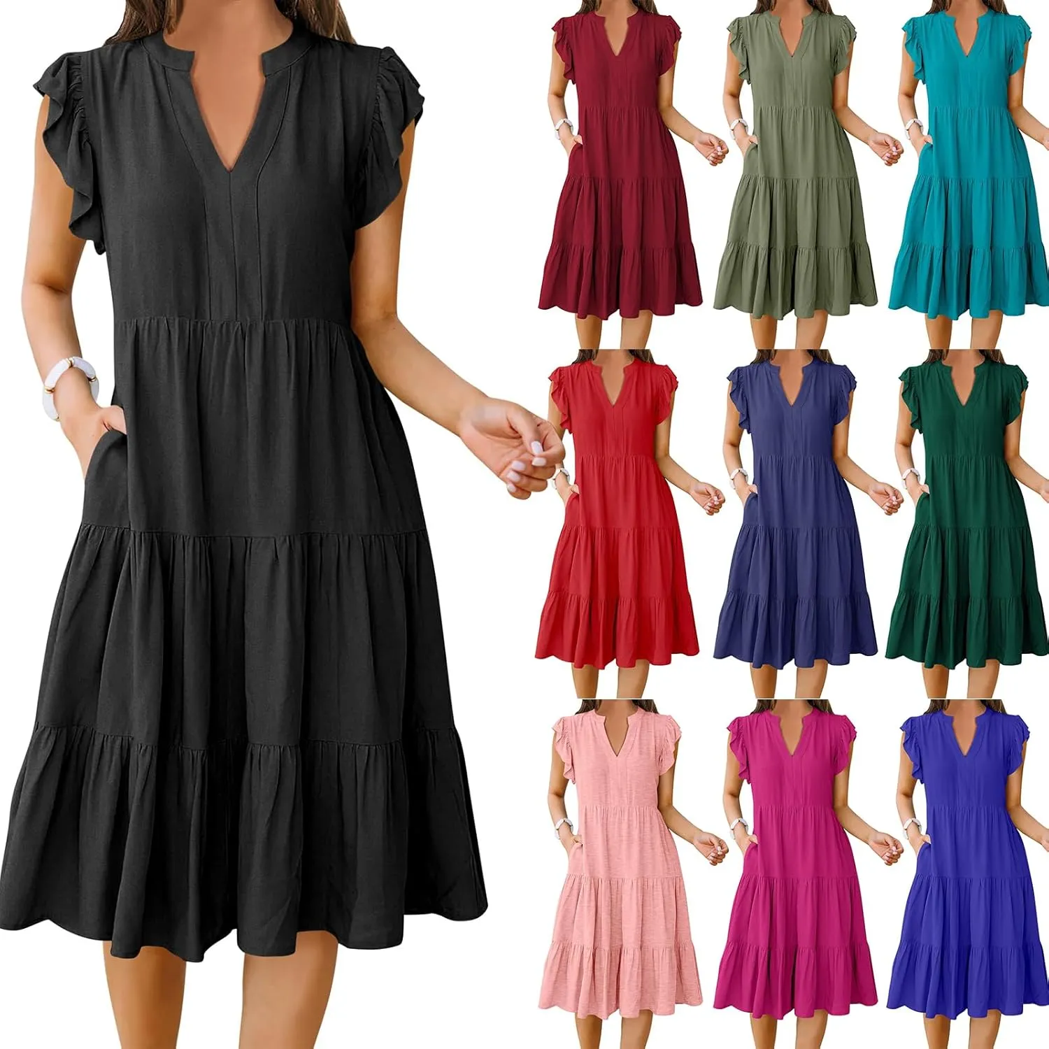 Womens Summer Casual Maxi Dress Ruffle Sleeve V Neck Midi Dresses Flowy Tiered A-Line Boho Beach Vacation Sundress