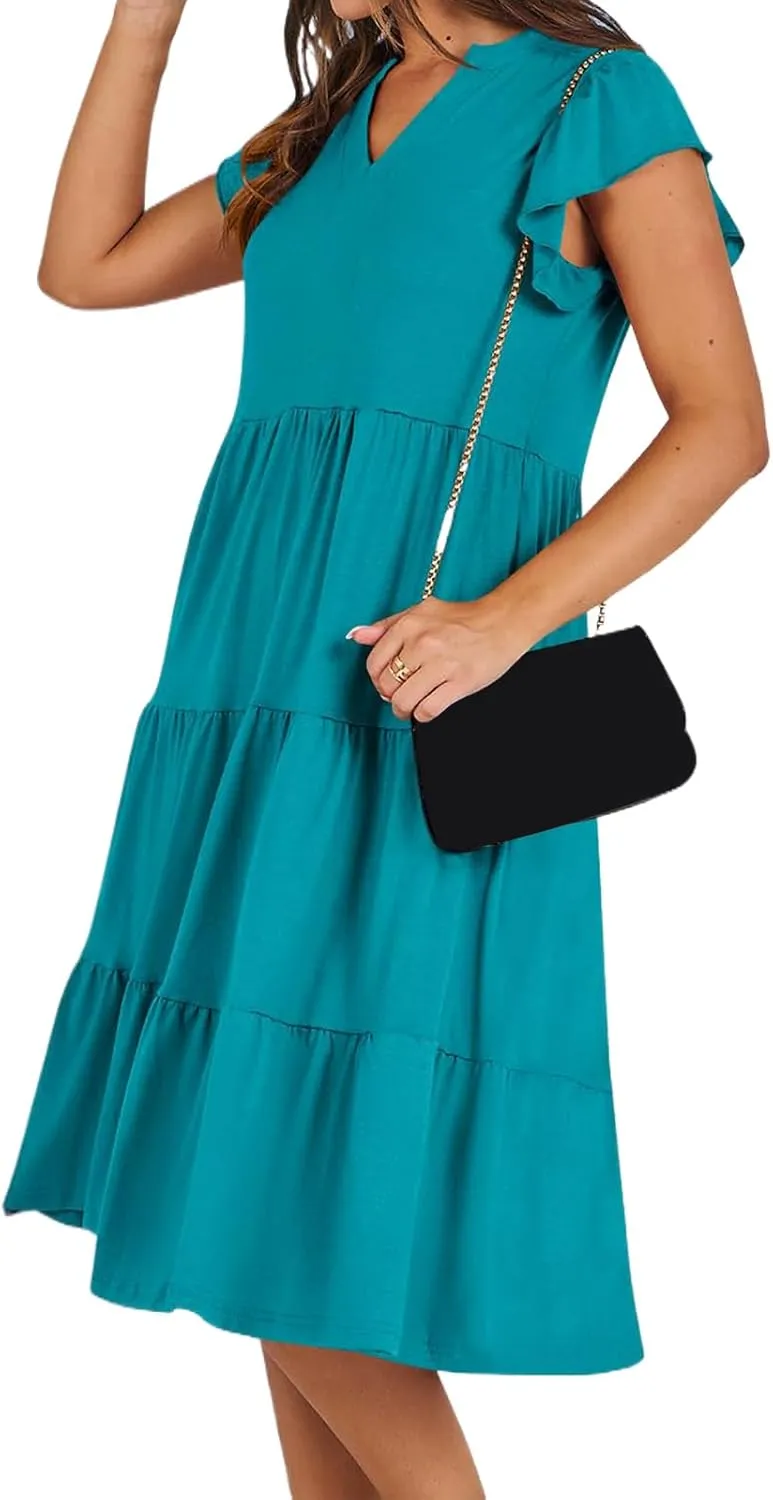 Womens Summer Casual Maxi Dress Ruffle Sleeve V Neck Midi Dresses Flowy Tiered A-Line Boho Beach Vacation Sundress