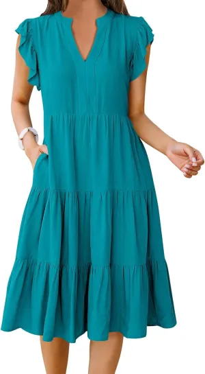 Womens Summer Casual Maxi Dress Ruffle Sleeve V Neck Midi Dresses Flowy Tiered A-Line Boho Beach Vacation Sundress