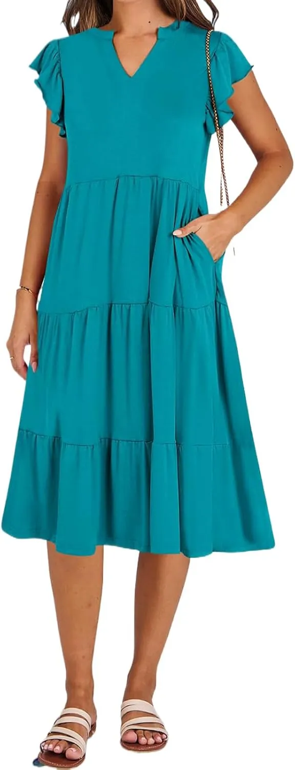 Womens Summer Casual Maxi Dress Ruffle Sleeve V Neck Midi Dresses Flowy Tiered A-Line Boho Beach Vacation Sundress